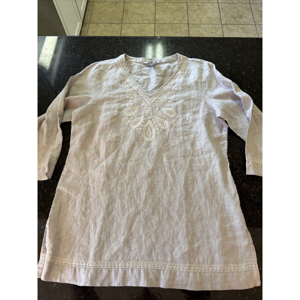 Tommy Bahama Linen Tunic Top Shirt Blouse Sz S/P Beige Beaded Summer Old Money